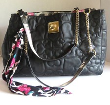 Betsey Johnson Quilted Heart Shoulder Tote Satchel Black Gold Tone Link Chain