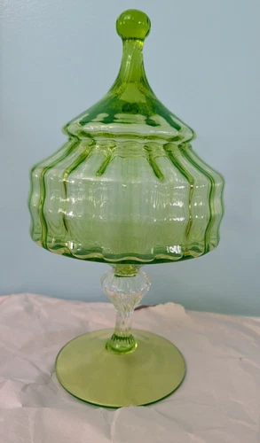 Vintage Green Depression Uranium Glass Candy Dish With Lid Uv Reactive