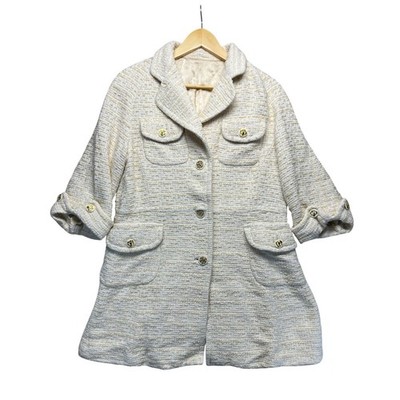 Tweed Jacket Womens Gold Button Detail Three Quarter Sleeve Coat Retro Large