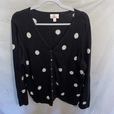 Quacker Factory V Neck Cardigan Womens Size XL Black Dotted Faux Jewel Buttons