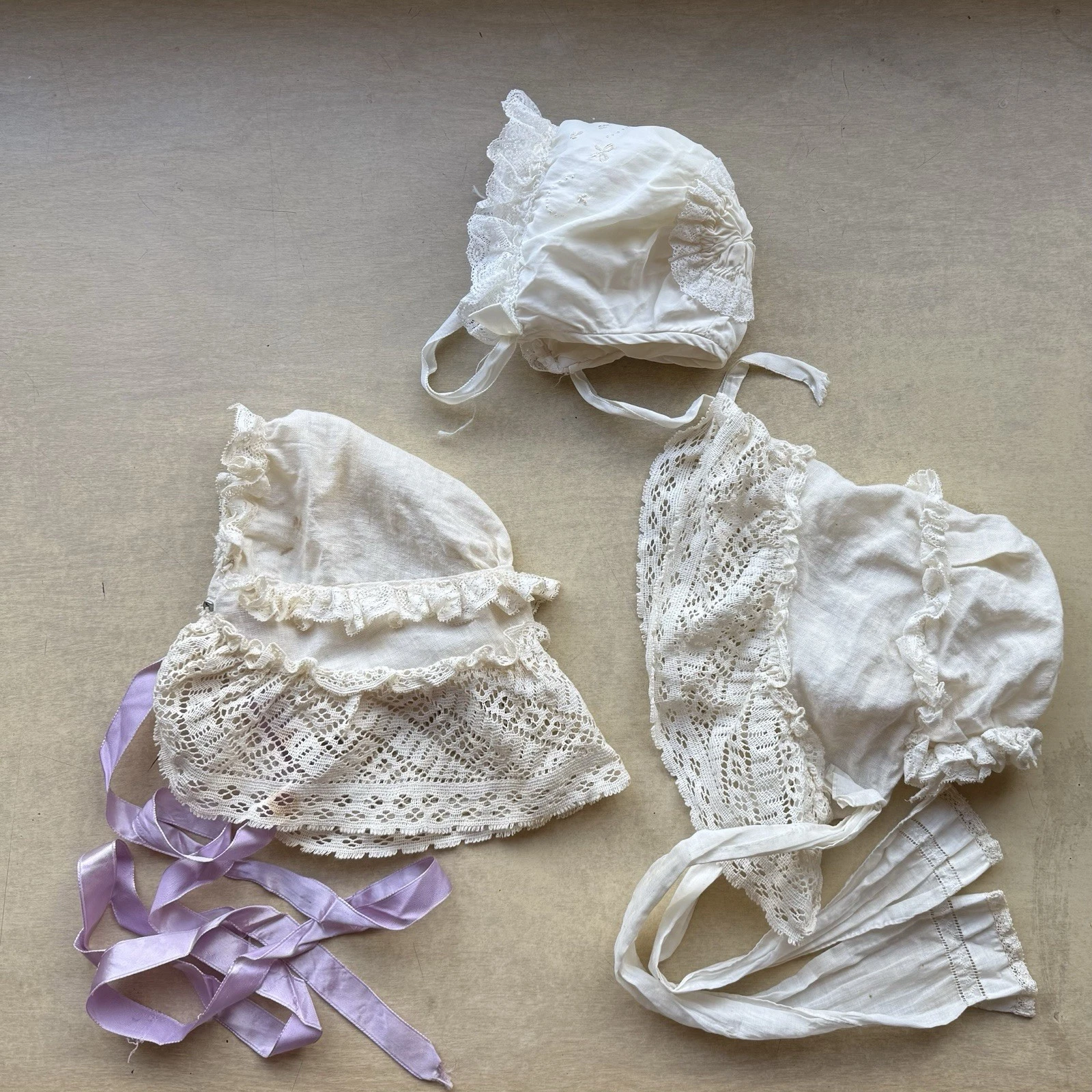 Three antique handmade baby bonnets hats caps
Opens in a new window or tab