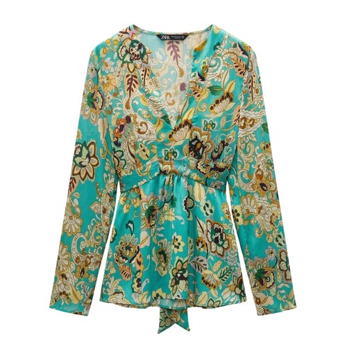 Zara Blouse Women Small Teal Paisley Floral Empire Waist Tie Back Bell Sleeve