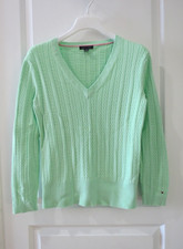 Tommy Hilfiger 100 Cotton Mint Green Long Sleeve V-Neck Cable Knit Sweater Sz L