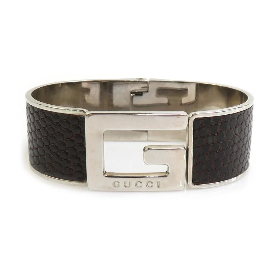 Gucci Bracciale Braccialetto Logo G Metallo Pelle Argento Marrone Scuro