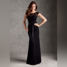 Morilee by Madeline Gardner Black Satin Tie Sash Cap Sleeve Deep V-Back Gown