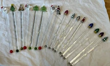 Set of 16 Hand Blown Art Glass & Plastic Cocktail Swizzle Sticks Christmas Trees