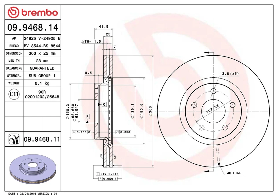 2x Brake Discs Pair Vented fits FORD FOCUS 1.6 Front 04 to 20 300mm Set Brembo - Image 3 of 4