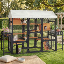Outdoor Catio Cat Enclosure w/ Plant Stands Large Wooden Cat House Playpen Black