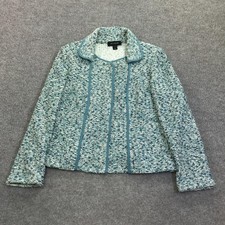 St. John Blazer Jacket Womens 12 Blue Knit Tweed Collared Open Front Short