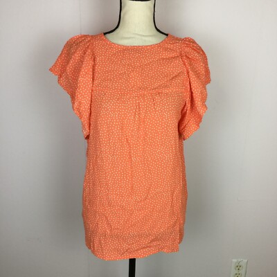 NWT Loft Blouse Top Size S Womans Orange White Polka Dot Flutter Sleeve Rayon