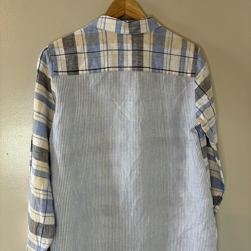 FoxCroft Linen Blue Plaid Stripe Button Up Shirt Long Sleeve Tunic Top Sz 8 - Picture 7 of 7