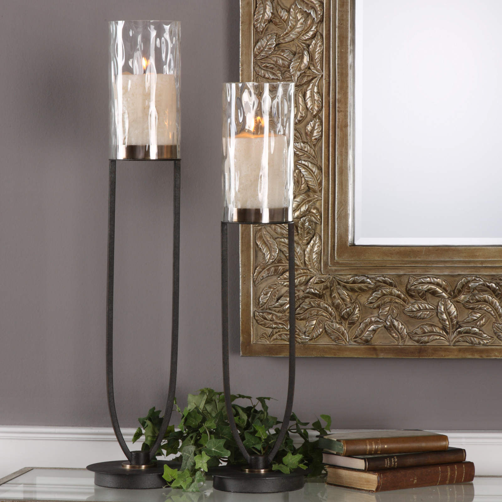 31 in Tall Iron Candle Holder Set 2 Pillar Hurricane Bronze Water Glass Open