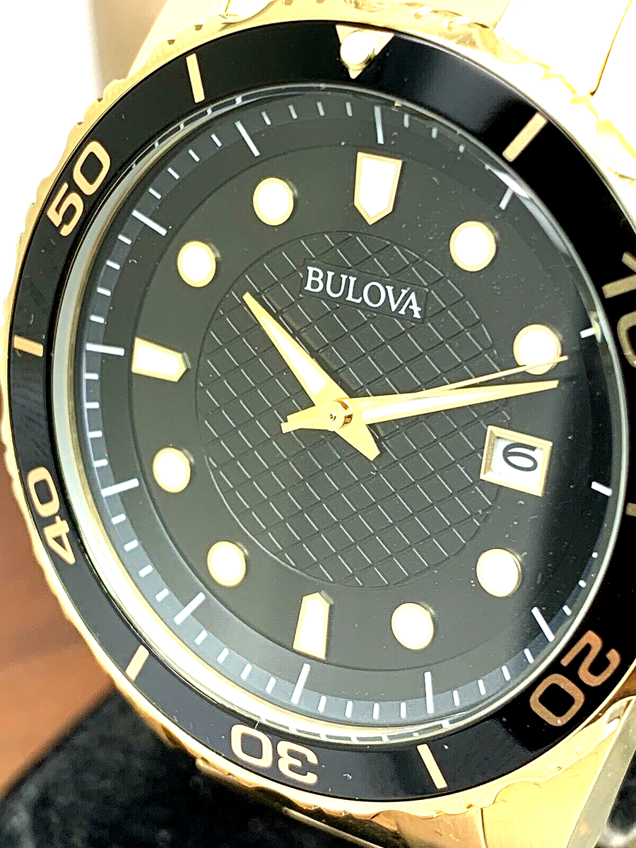 Bulova Men's Watch 98B375 Quartz Black Dial Date Gold Stainless