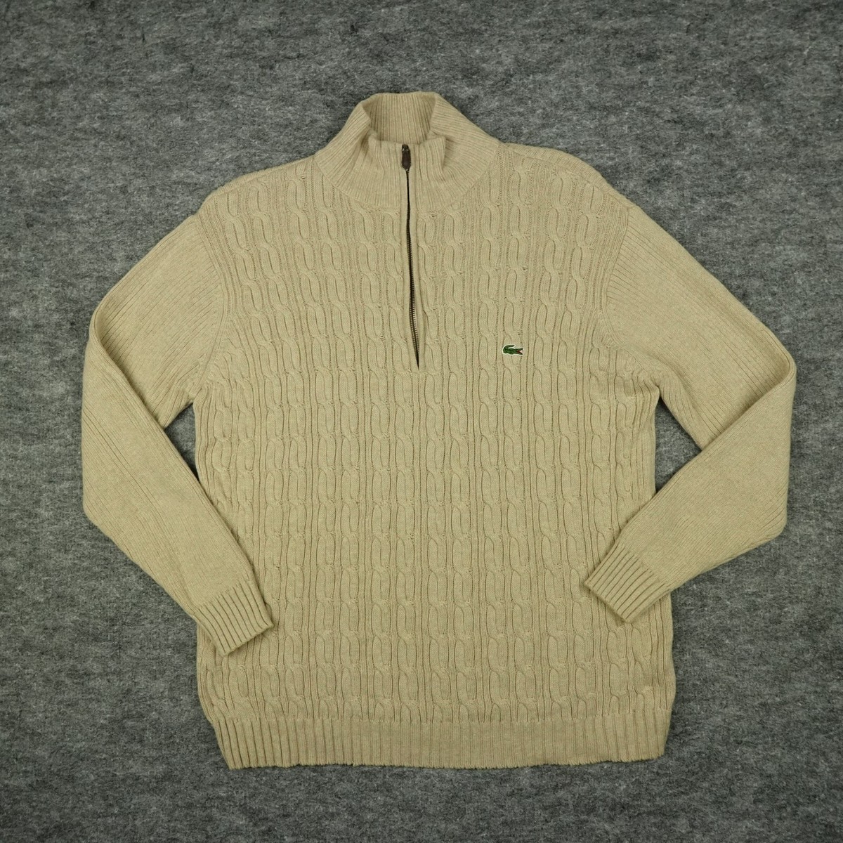 Lacoste Sweater Mens 6 Extra Large Beige 1/4 Zip Cable Knit