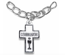SILVER PLATED ROUND CROSS AND COMMUNION CHALICE CHARM BRACELET
