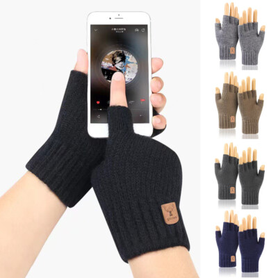 1pair Unisex Elastic Knitted Half Finger Gloves Winter Thicken Warm Work Mittens