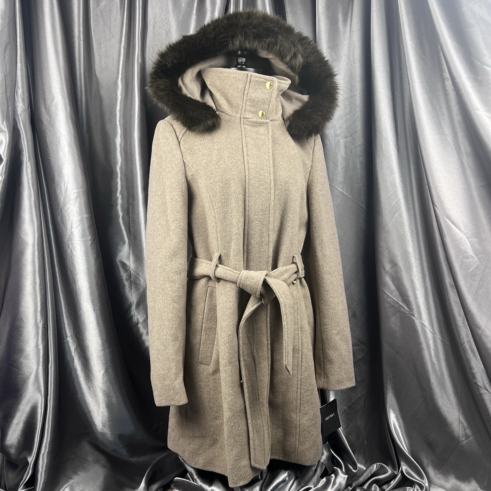 Ellen Tracy Fur Hooded Trench Coat Women's 6 Mid Length Beige Tan Wool Blend Zip