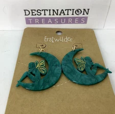 Erstwilder X Pete Cromer Fairy Tales Large TEAL Fairy Crescent Moon Earrings