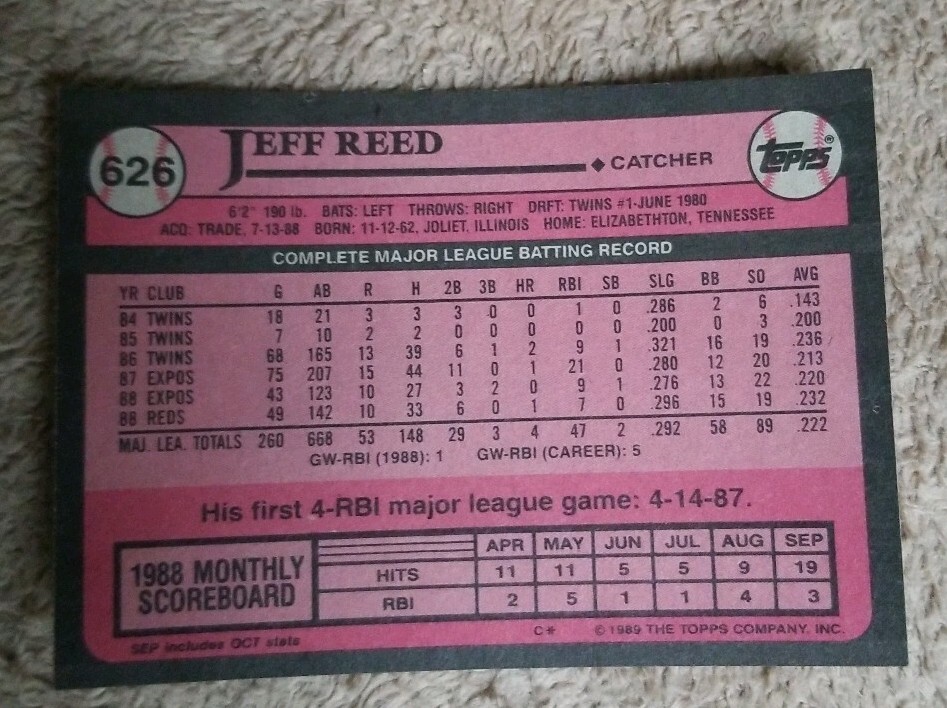 1989 Topps Cincinnati Reds Baseball Card #626 Jeff Reed | eBay