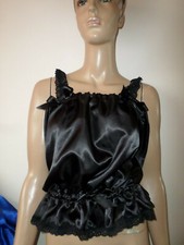 BLACK SATIN CAMSOLE TOP  LACE TRIM & BOWS 35-50" CHEST 