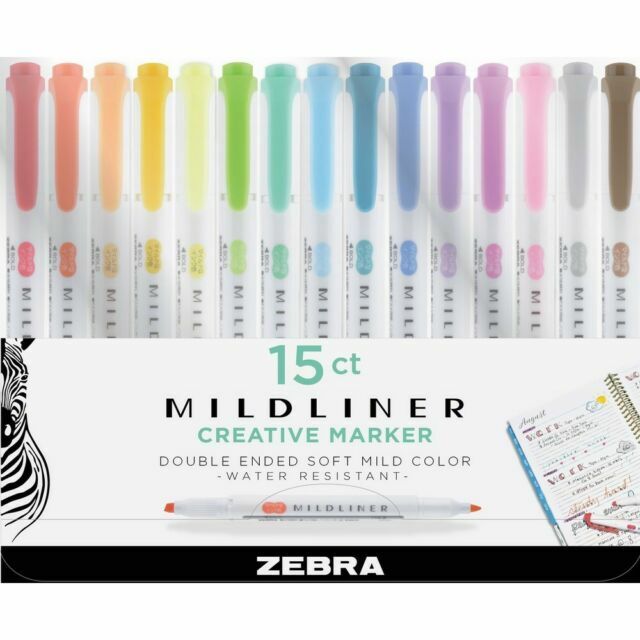 Zebra Mildliner Pens 78115 Double Ended Brush Highlighters 15 Assorted Colors