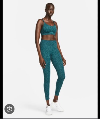 NIKE One Dri-FIT Teal Leopard Glitter Printed Mid-Rise Leggings and Bra Set  Med