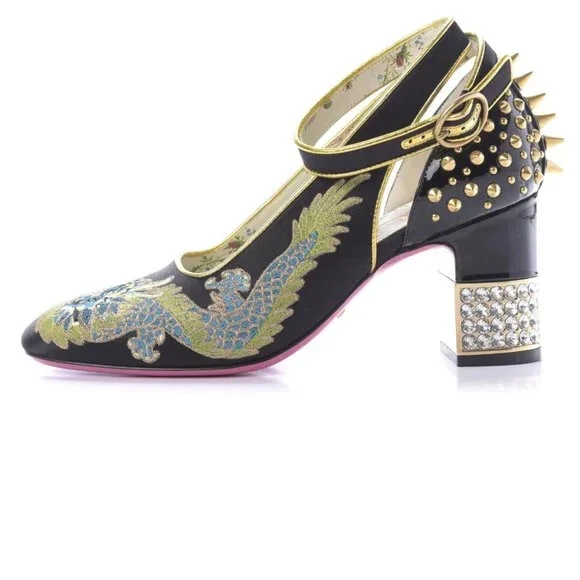 Chaussures femme GUCCI dragon brodé satin cristal talon