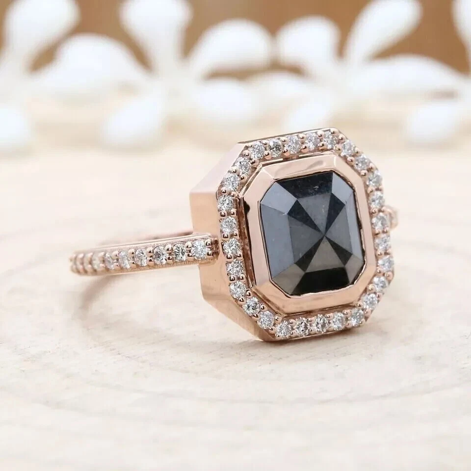 Anillo de boda para mujer de diamantes negros creados en laboratorio de corte Ascher de 3 quilates de oro rosa de 14 quilates Foto 3 de 4