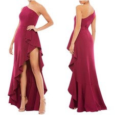 Mac Duggal NWT Purple One Shoulder High Slit Ruffle Gown Size Berry 2 Hi-Low Hem