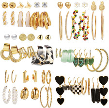 34 Pairs Gold Hoop Earrings Set for Women, Fashion Drop Dangle Earring Packs Bla
