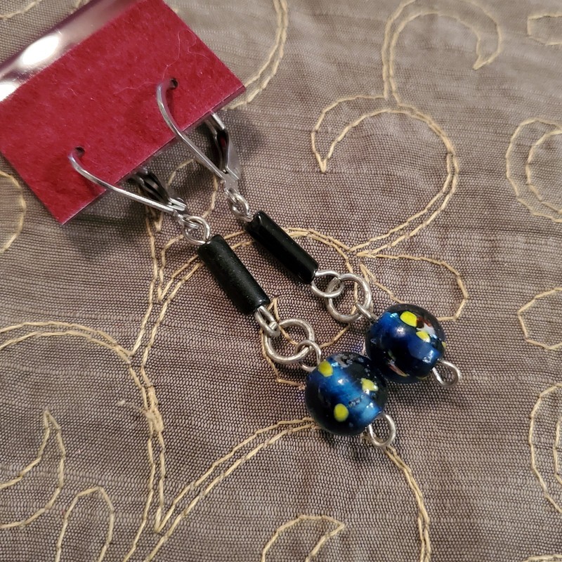 Handmade Upcycled Earrings, cobalt blue and black earrings, stainless steel 