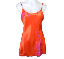 Victoria's Secret Small Slip Dress Vintage Y2K Orange Pink Satin Lace Trim Slit