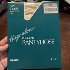 Vintage Sears Hug-alon Pantyhose Ivory Reinforced Toe Hosiery Size Average