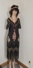 1920s Flapper Gatsby Black  Gold Sequin Fringe Dress Costume Headband S/M
