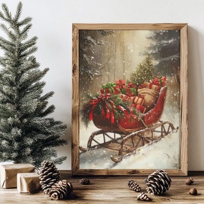 Vintage Christmas Sleigh Canvas Art | Rustic Holiday Wall Decor