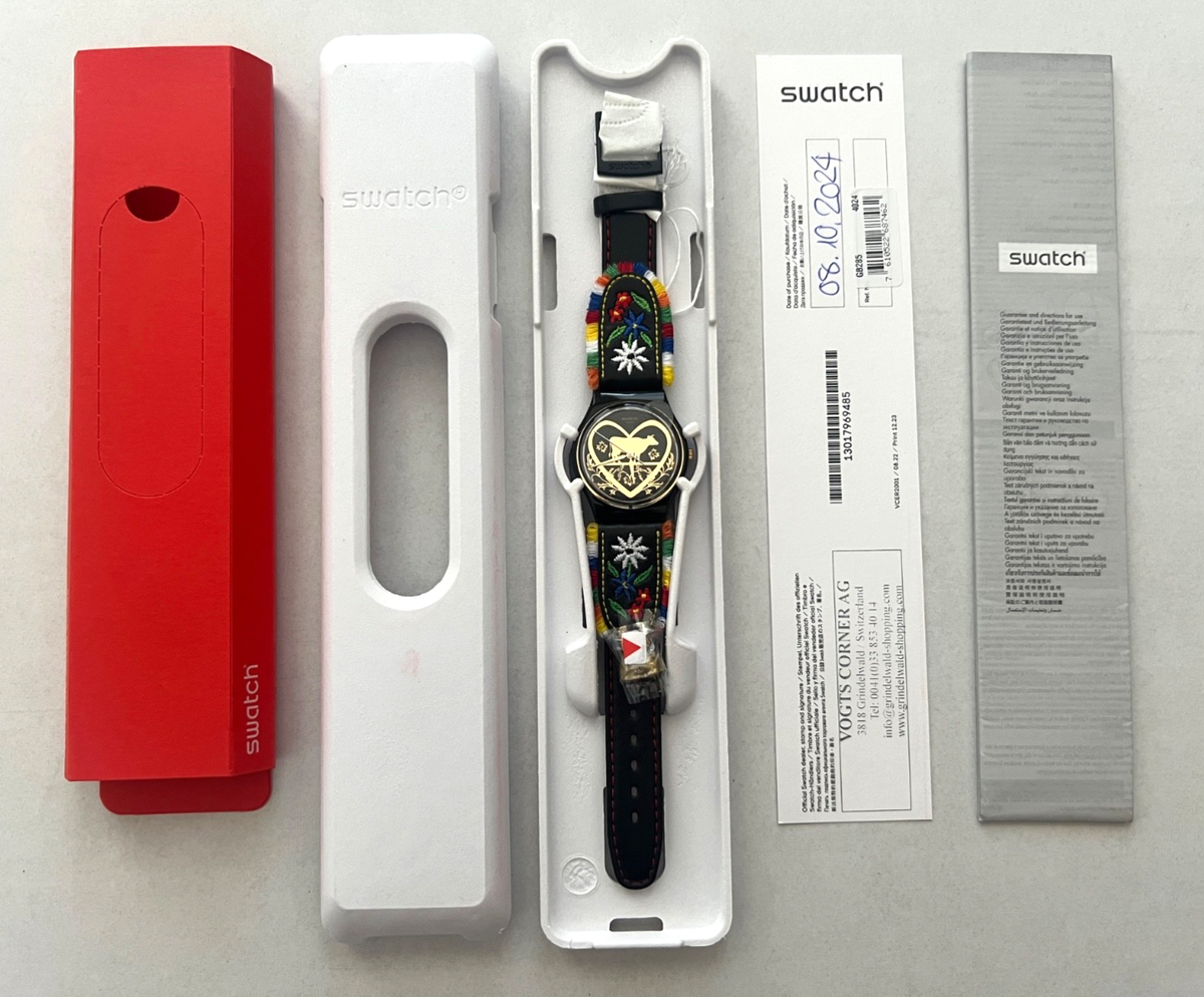 NIB New Swiss Swatch DIE GLOCKE GB285 Unisex Embroidery Leather