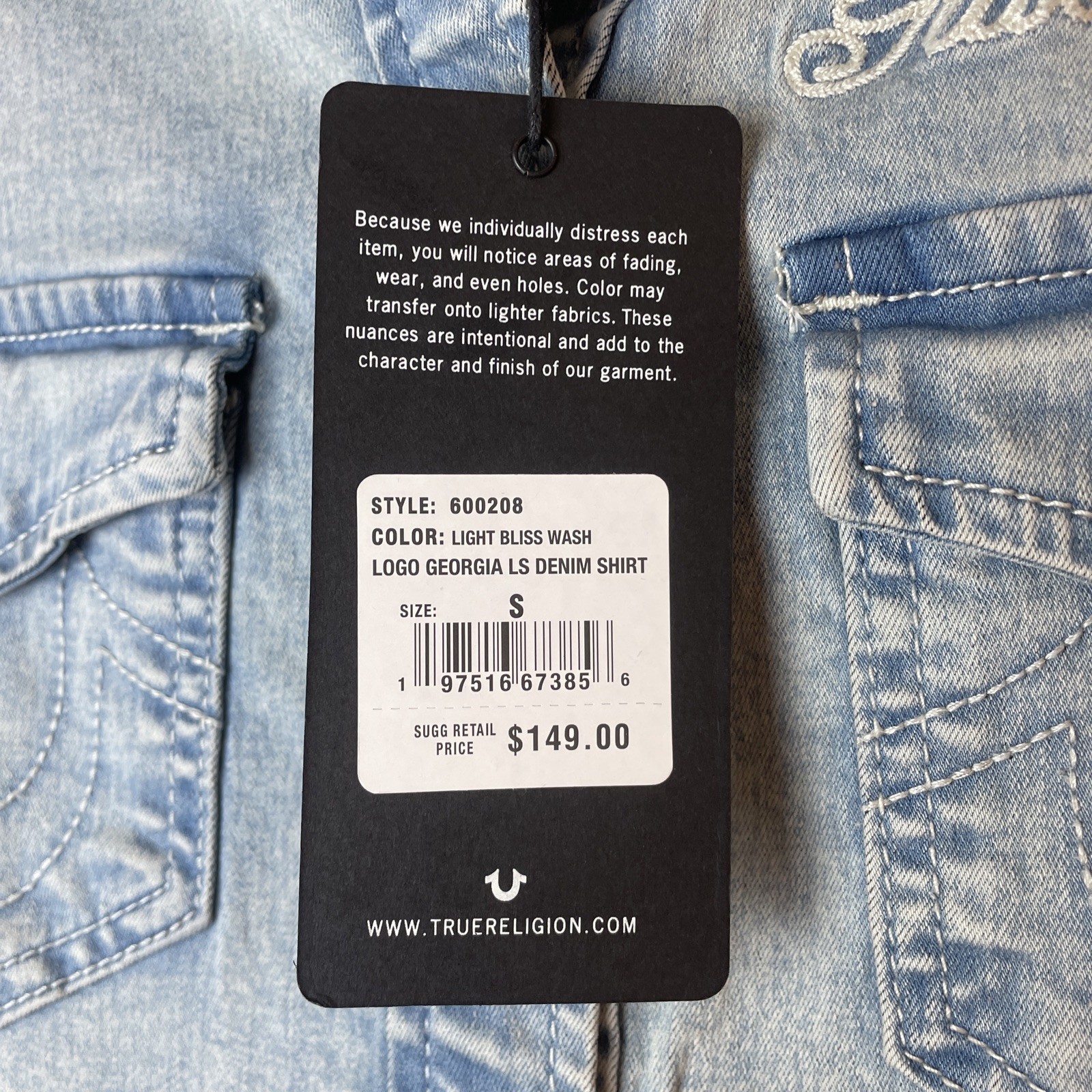 True Religion Women’s Light Bliss Wash Logo Georgia LS Denim Shirt S  RRP $149 image 3