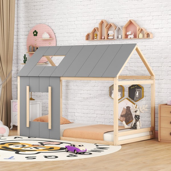 90X200 Kinderbett Hausform Natur+Grau Mit Dach Fenster-image
