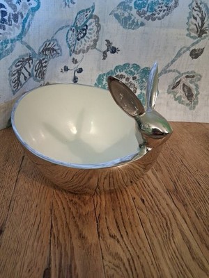 Easter, Spring Silver Metal Bowl ~  Bunny .Rabbit . Enamel. Read. 9''