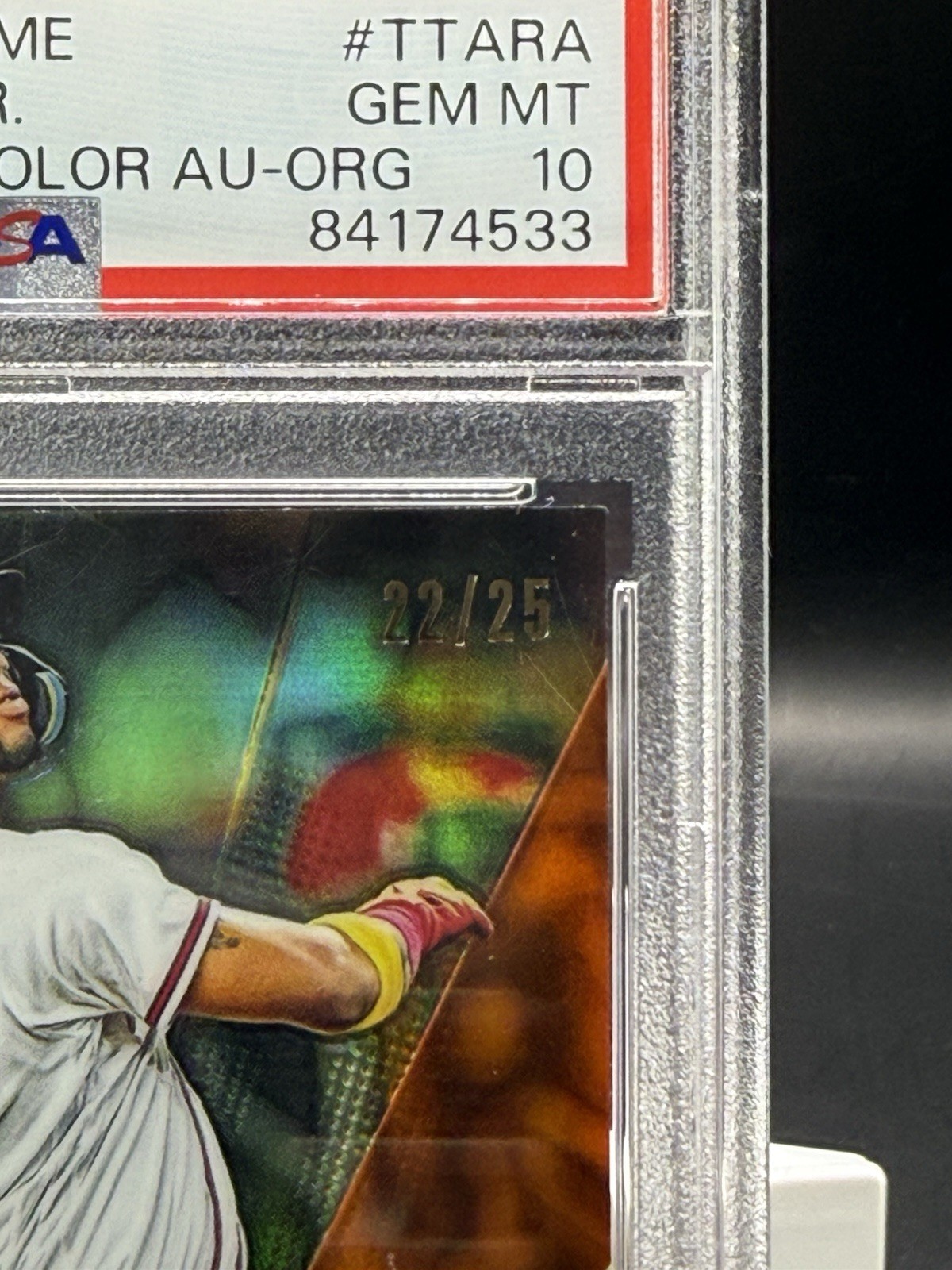 2023 Topps Chrome TRonald Acuña Jr. Auto Techicolor Orange Refractor /25 PSA 10 view 3