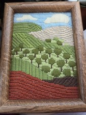 Vintage 1970s Yarn Needlepoint Framed Picture Scenery Great For Fall Cottage