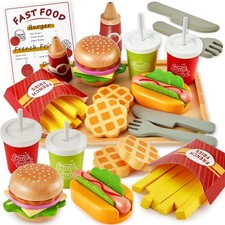 Play Food Sets for Kids Kitchen, Wooden Fast Food Hamburger Play Set, Pretend...