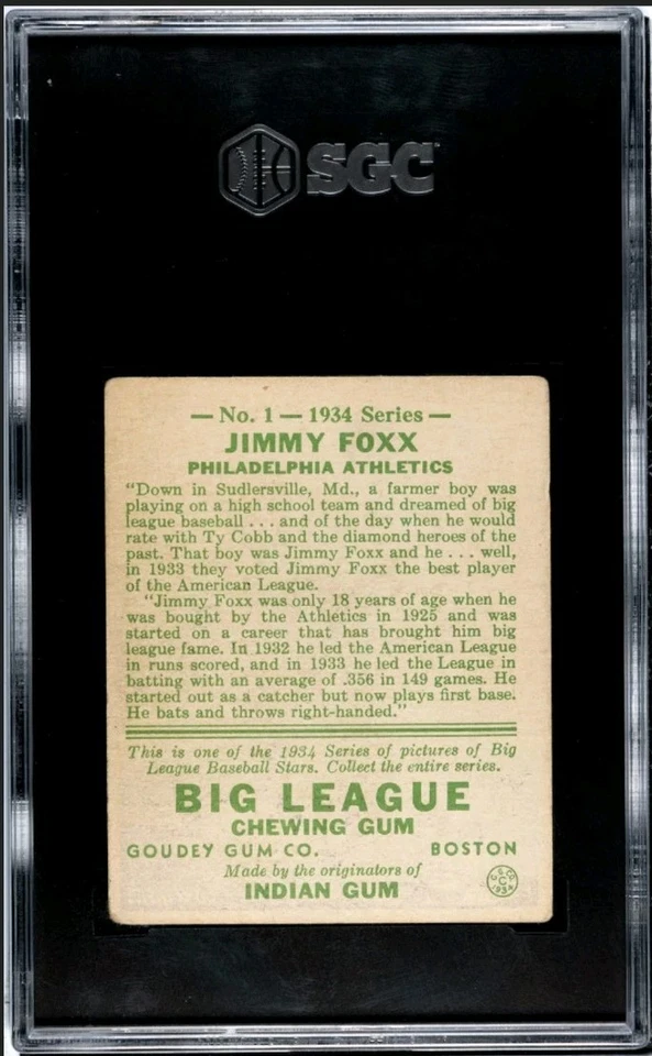 Chicle Goudey Big League SGC 3.5 - 1934 - Jimmie Foxx #1 - ¡Centrado! HOF Foto 2 de 3