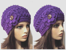 crochet handmade womans flower hat beanie purple puffs USA made