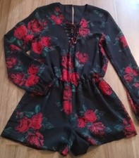 LOVERS  FRIENDS Loversfriends S Small Romper Floral Black Roses Sheer Sleeves