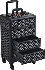 Rolling Makeup Train Case with Drawers Professional Nail Tech Travel Case Cosmet