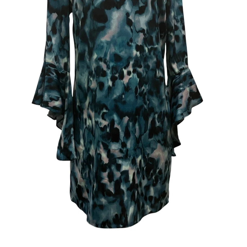 Vestido Bar lll tamanho pequeno azul aquarela bainha manga esvoaçante mini boêmio artístico - Imagem 3 de 4