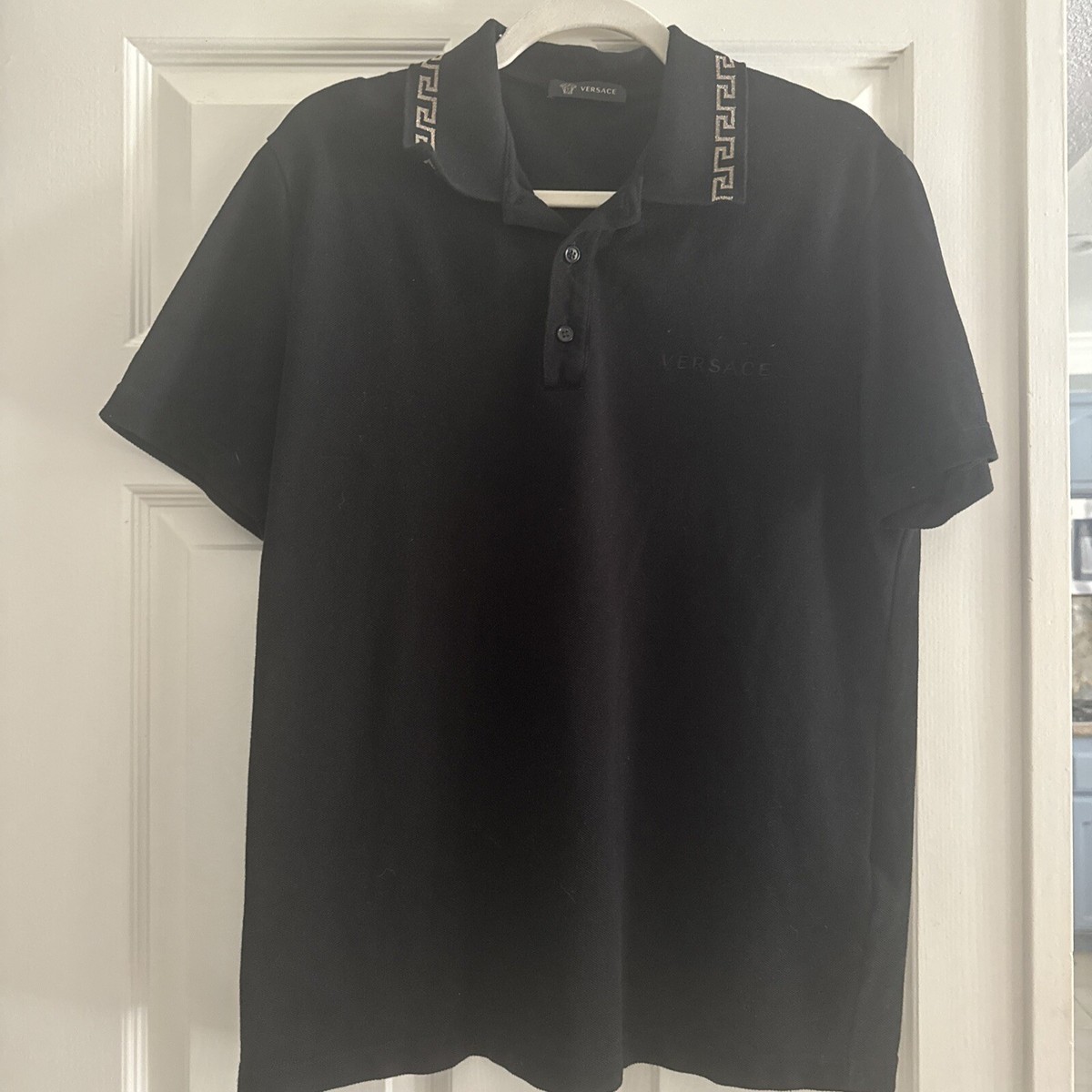 Short Sleeve Versace Black Top Men's Versace Pullover Short Sleeve Black  Shirt W Buttons &Gold On Lapels Size M