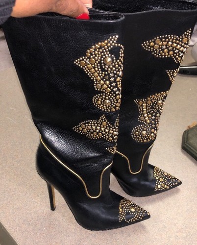 Versace Donna Black Leather Gold Embellished Boot Size 35 | eBay
