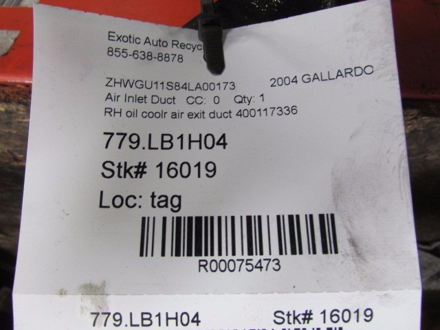 Lamborghini Gallardo, RH, Right Oil Cooler Air Exit Duct, Used, P/N 400117336
